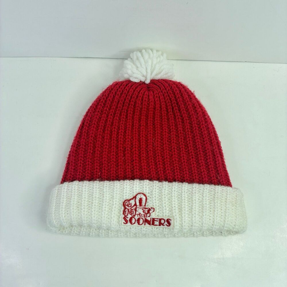 OU Beanie Winter Hat Pom Pom Top Oklahoma Sooners University Vintage Knit Cap